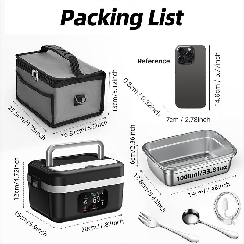 Fiambrera autocalentable inalámbrica y recargable (calentador de alimentos portátil); recipiente térmico para comidas (preparación de alimentos, oficina, viajes, coche, pícnic y uso al aire libre); regalo ideal.