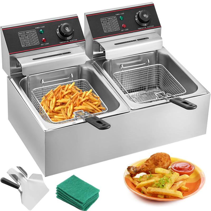 Freidora comercial 12L, eléctrica 5000W, doble cuba, YB 82 Dual Tank, freidora eléctrica de mesa, acero inoxidable, patatas fritas, para uso comercial