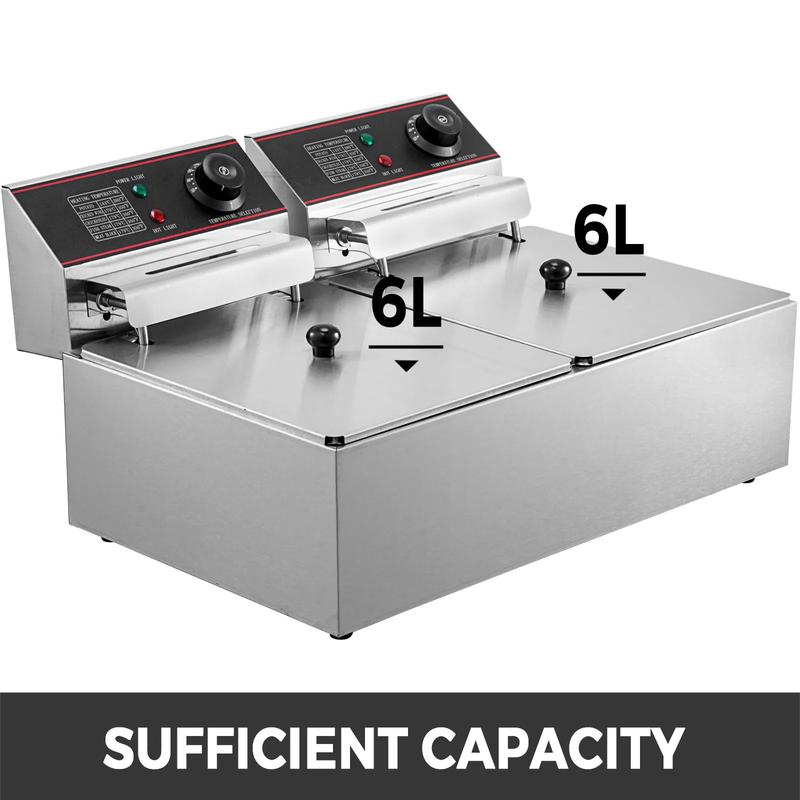 Freidora comercial 12L, eléctrica 5000W, doble cuba, YB 82 Dual Tank, freidora eléctrica de mesa, acero inoxidable, patatas fritas, para uso comercial