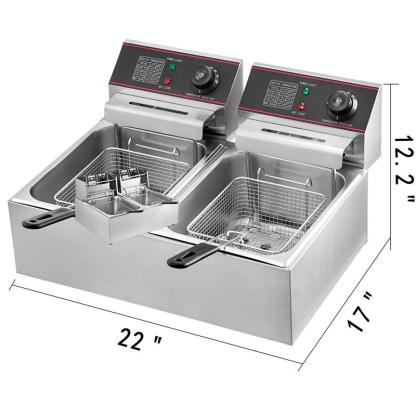 Freidora comercial 12L, eléctrica 5000W, doble cuba, YB 82 Dual Tank, freidora eléctrica de mesa, acero inoxidable, patatas fritas, para uso comercial