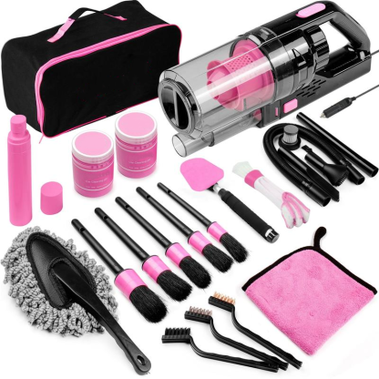 【summerfinds】 Kit de limpieza para coche de 17 piezas, kit rosa para detalles interiores de coche con aspiradora de mano de alta potencia, juego de cepillos de detalle, limpiador de parabrisas, gel de limpieza, accesorios completos para coche, regalo para