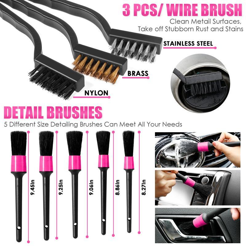【summerfinds】 Kit de limpieza para coche de 17 piezas, kit rosa para detalles interiores de coche con aspiradora de mano de alta potencia, juego de cepillos de detalle, limpiador de parabrisas, gel de limpieza, accesorios completos para coche, regalo para