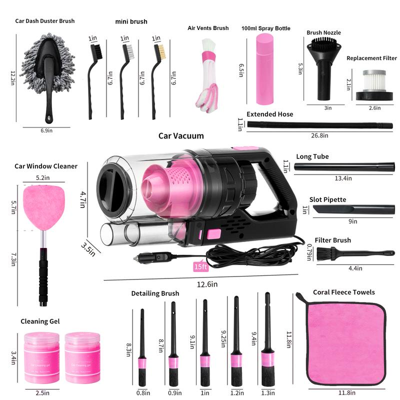 【summerfinds】 Kit de limpieza para coche de 17 piezas, kit rosa para detalles interiores de coche con aspiradora de mano de alta potencia, juego de cepillos de detalle, limpiador de parabrisas, gel de limpieza, accesorios completos para coche, regalo para