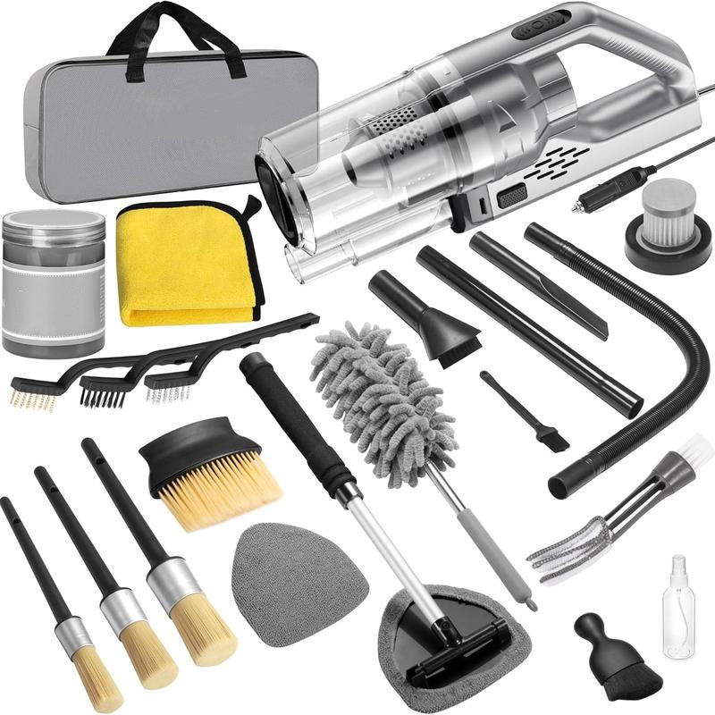 【summerfinds】 Kit de limpieza para coche de 17 piezas, kit rosa para detalles interiores de coche con aspiradora de mano de alta potencia, juego de cepillos de detalle, limpiador de parabrisas, gel de limpieza, accesorios completos para coche, regalo para