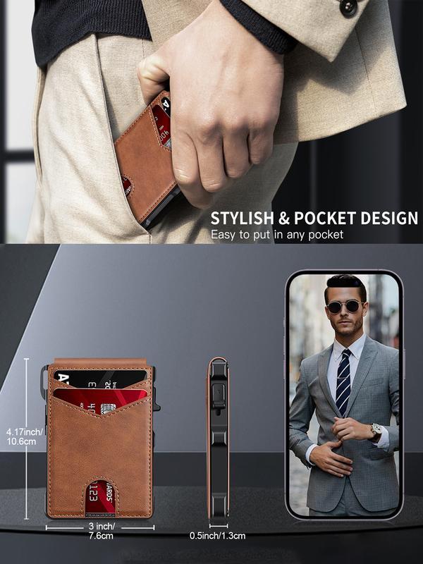 Cartera minimalista delgada para hombre: 9-13 tarjetas, clip para billetes, ventana para identificación. Bloqueo RFID, aluminio plegable.