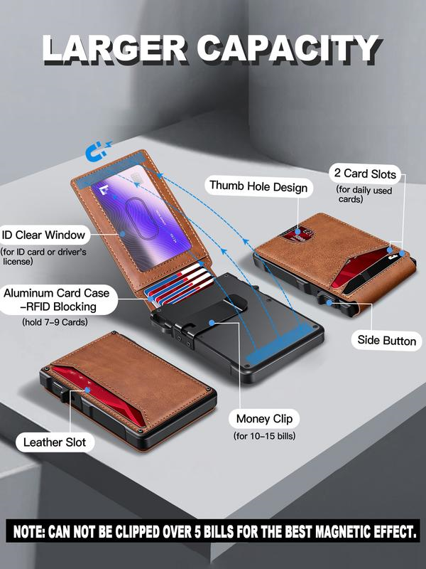 Cartera minimalista delgada para hombre: 9-13 tarjetas, clip para billetes, ventana para identificación. Bloqueo RFID, aluminio plegable.