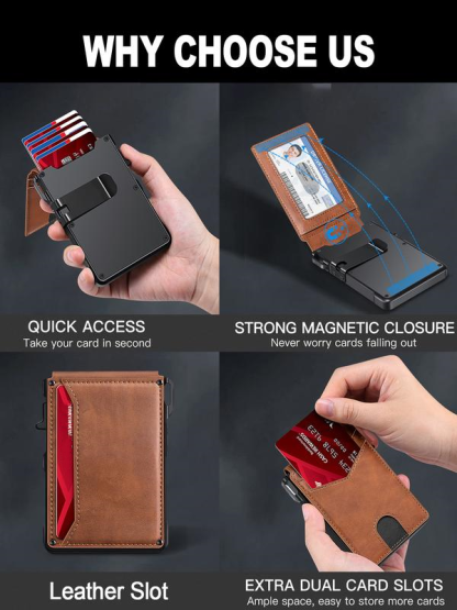 Cartera minimalista delgada para hombre: 9-13 tarjetas, clip para billetes, ventana para identificación. Bloqueo RFID, aluminio plegable.