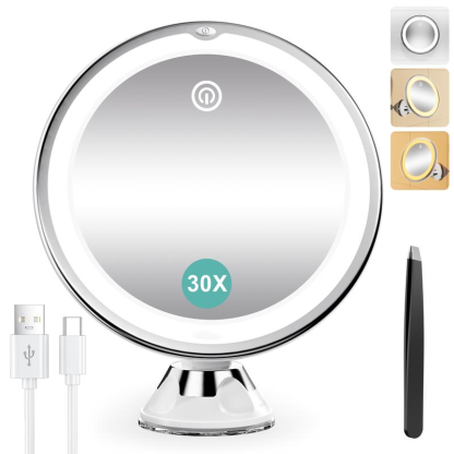  Espejo Maquillaje con Luz LED, Aumento 30X con Ventosa Fuerte, Brillo Regulable, Giratorio 360°, Portátil para Pared, Baño, Viaje, Depilación y Cejas, Blanco, Redondo