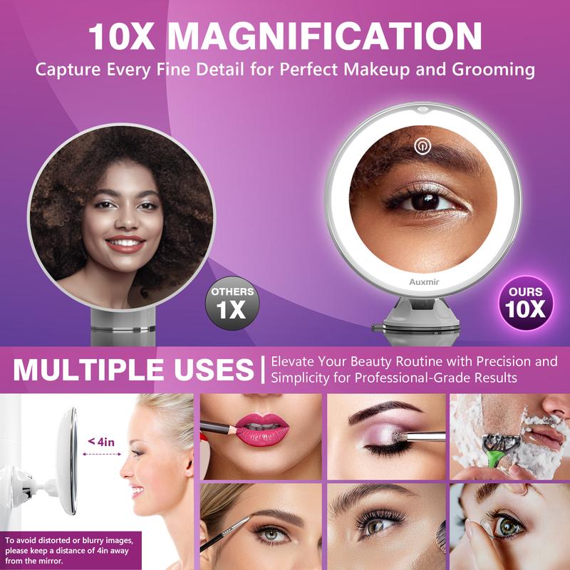  Espejo Maquillaje con Luz LED, Aumento 30X con Ventosa Fuerte, Brillo Regulable, Giratorio 360°, Portátil para Pared, Baño, Viaje, Depilación y Cejas, Blanco, Redondo