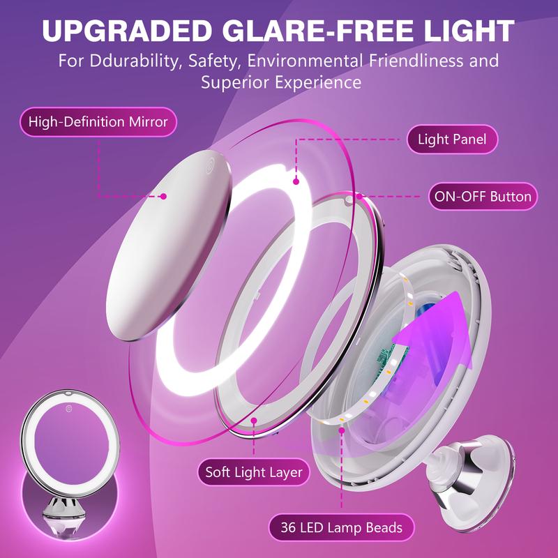  Espejo Maquillaje con Luz LED, Aumento 30X con Ventosa Fuerte, Brillo Regulable, Giratorio 360°, Portátil para Pared, Baño, Viaje, Depilación y Cejas, Blanco, Redondo