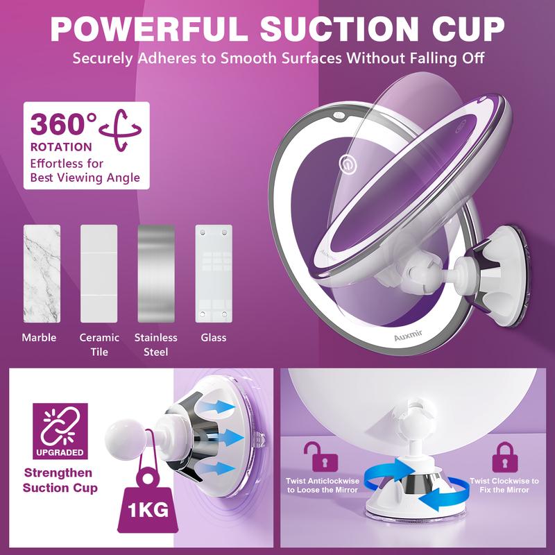  Espejo Maquillaje con Luz LED, Aumento 30X con Ventosa Fuerte, Brillo Regulable, Giratorio 360°, Portátil para Pared, Baño, Viaje, Depilación y Cejas, Blanco, Redondo