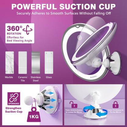  Espejo Maquillaje con Luz LED, Aumento 30X con Ventosa Fuerte, Brillo Regulable, Giratorio 360°, Portátil para Pared, Baño, Viaje, Depilación y Cejas, Blanco, Redondo
