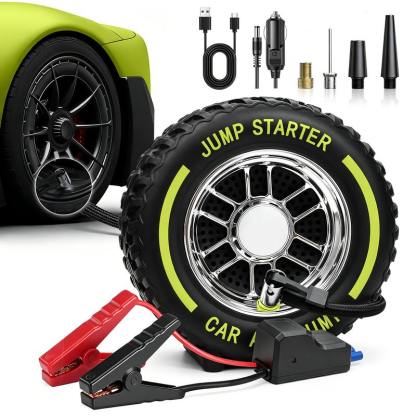 Compresor de aire portátil e inflador de neumáticos, arrancador de batería para coche de 6000 mAh con luz LED, minibomba de aire inalámbrica de 150 PSI para bicicletas; inflado ultrarrápido y manómetro para automóviles, motocicletas, bicicletas y balones.