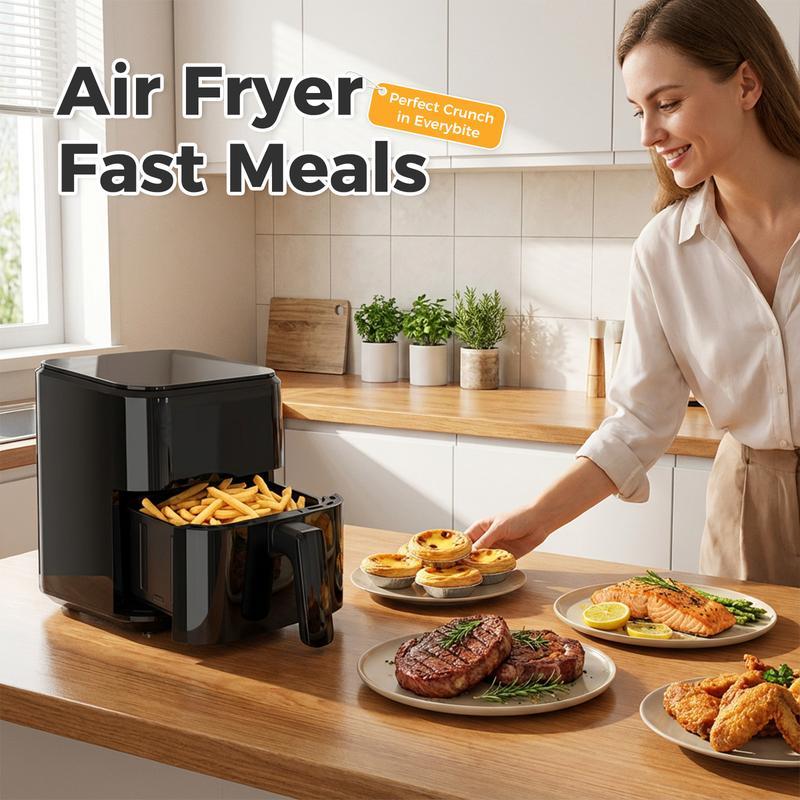 Freidora de aire 4 en 1, horno de alta temperatura (hasta 400 °F) con función de asado, cocción multifunción, recalentamiento y deshidratación; incluye cesta antiadherente y bandeja para un acabado crujiente.