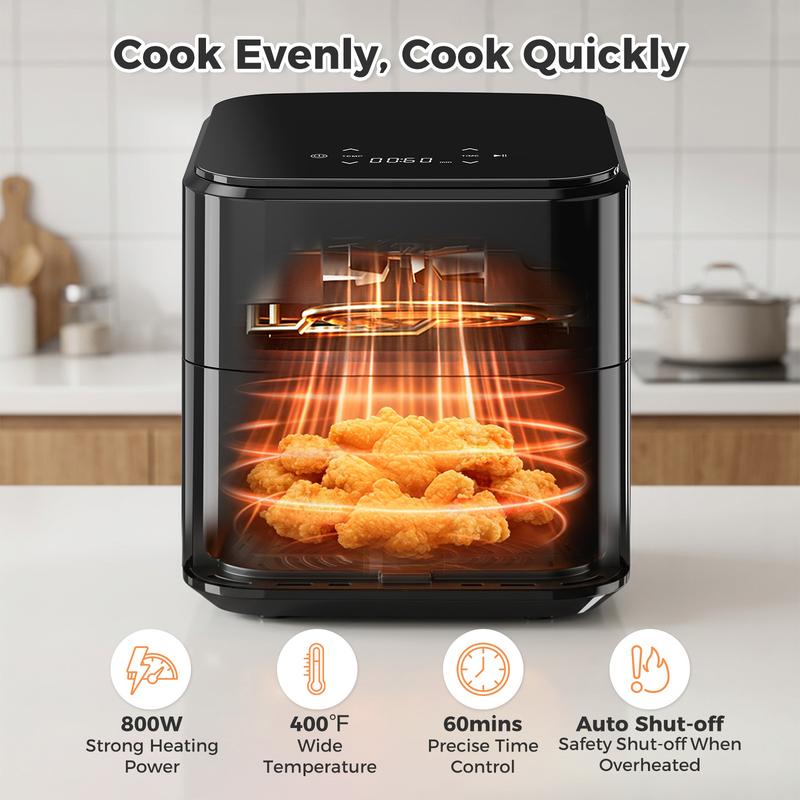 Freidora de aire 4 en 1, horno de alta temperatura (hasta 400 °F) con función de asado, cocción multifunción, recalentamiento y deshidratación; incluye cesta antiadherente y bandeja para un acabado crujiente.