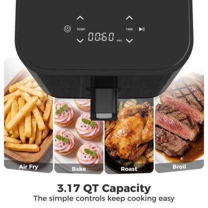 Freidora de aire 4 en 1, horno de alta temperatura (hasta 400 °F) con función de asado, cocción multifunción, recalentamiento y deshidratación; incluye cesta antiadherente y bandeja para un acabado crujiente.