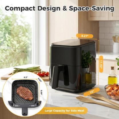 Freidora de aire 4 en 1, horno de alta temperatura (hasta 400 °F) con función de asado, cocción multifunción, recalentamiento y deshidratación; incluye cesta antiadherente y bandeja para un acabado crujiente.