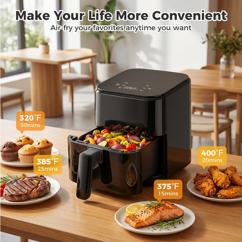 Freidora de aire 4 en 1, horno de alta temperatura (hasta 400 °F) con función de asado, cocción multifunción, recalentamiento y deshidratación; incluye cesta antiadherente y bandeja para un acabado crujiente.