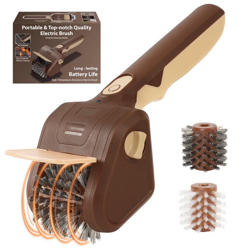 Cepillo eléctrico para barbacoa, seguro y sin cerdas, con 2 cabezales intercambiables, inalámbrico y recargable; limpieza rápida, accesorio esencial para acampada y barbacoas al aire libre, apto para todo tipo de parrillas.
