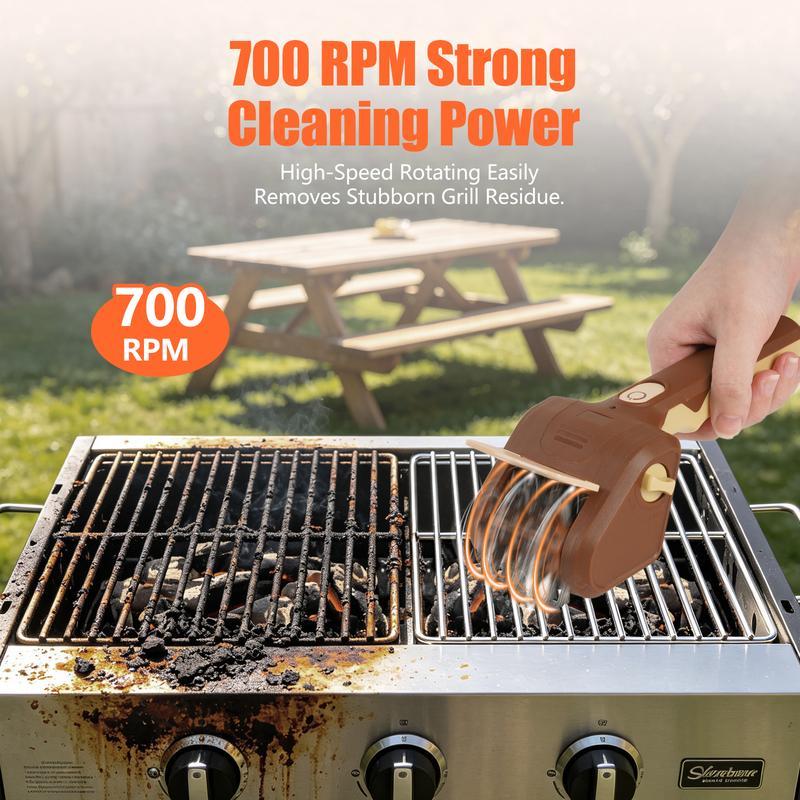 Cepillo eléctrico para barbacoa, seguro y sin cerdas, con 2 cabezales intercambiables, inalámbrico y recargable; limpieza rápida, accesorio esencial para acampada y barbacoas al aire libre, apto para todo tipo de parrillas.