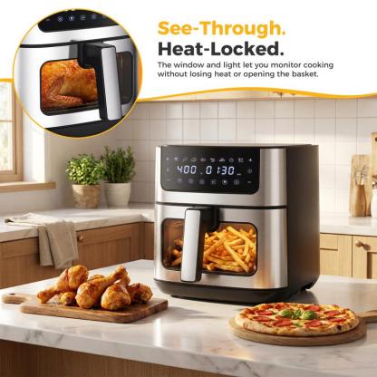 Freidora de aire de acero inoxidable de 6,34 cuartos de galón: electrodoméstico de cocina con 8 programas preestablecidos, temperatura máxima de 400 °F, ajustes regulables, temporizador de 90 minutos, cesta antiadherente apta para lavavajillas, apagado au