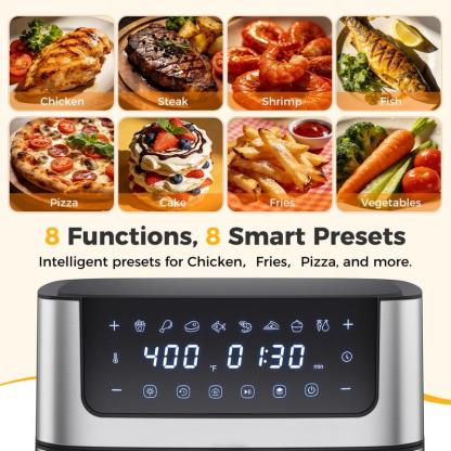 Freidora de aire de acero inoxidable de 6,34 cuartos de galón: electrodoméstico de cocina con 8 programas preestablecidos, temperatura máxima de 400 °F, ajustes regulables, temporizador de 90 minutos, cesta antiadherente apta para lavavajillas, apagado au