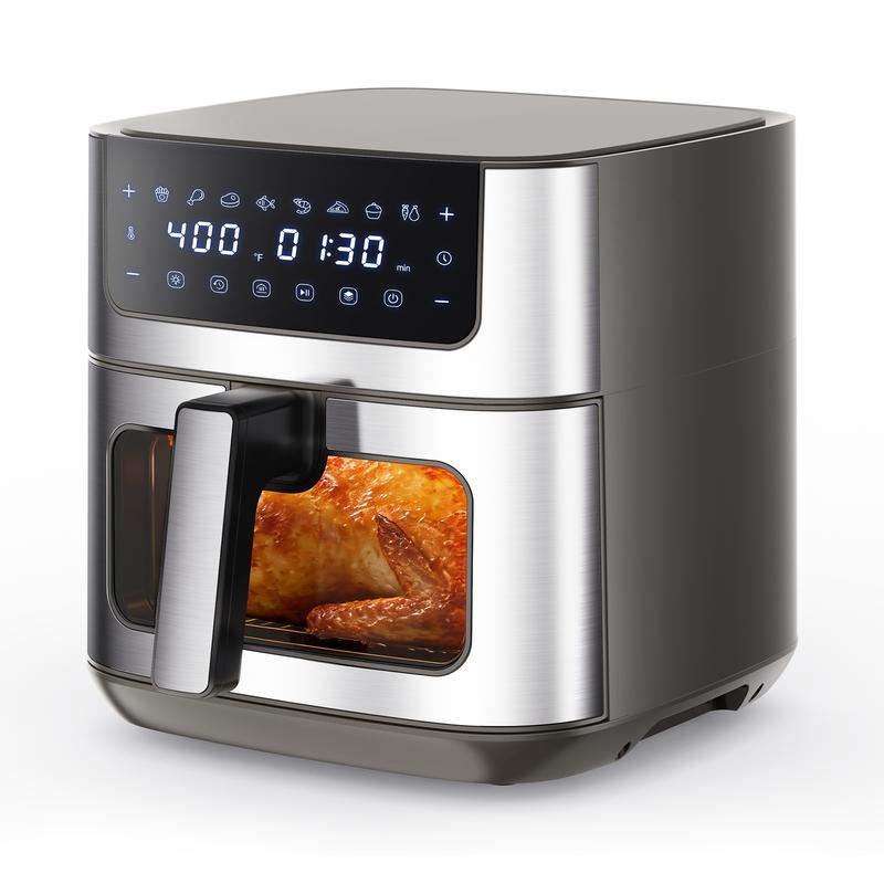 Freidora de aire de acero inoxidable de 6,34 cuartos de galón: electrodoméstico de cocina con 8 programas preestablecidos, temperatura máxima de 400 °F, ajustes regulables, temporizador de 90 minutos, cesta antiadherente apta para lavavajillas, apagado au