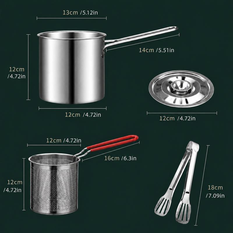 Juego de freidora de acero inoxidable - 5.12*4.72in Mini olla para 1 persona con recipiente para freír, cesta de filtro y pinza para alimentos, utensilios de cocina portátiles resistentes a la corrosión para papas fritas, alitas de pollo y mucho más.