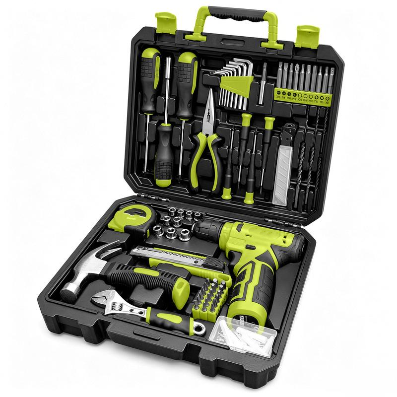 Juego de herramientas de 126 piezas: kit con taladro atornillador inalámbrico de 8 V con estuche de almacenamiento, herramientas eléctricas para bricolaje para trabajos de cercas, decoración del hogar, montaje de muebles y reparaciones cotidianas.