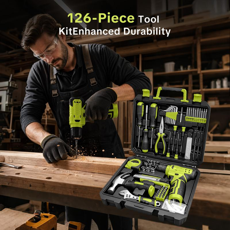 Juego de herramientas de 126 piezas: kit con taladro atornillador inalámbrico de 8 V con estuche de almacenamiento, herramientas eléctricas para bricolaje para trabajos de cercas, decoración del hogar, montaje de muebles y reparaciones cotidianas.