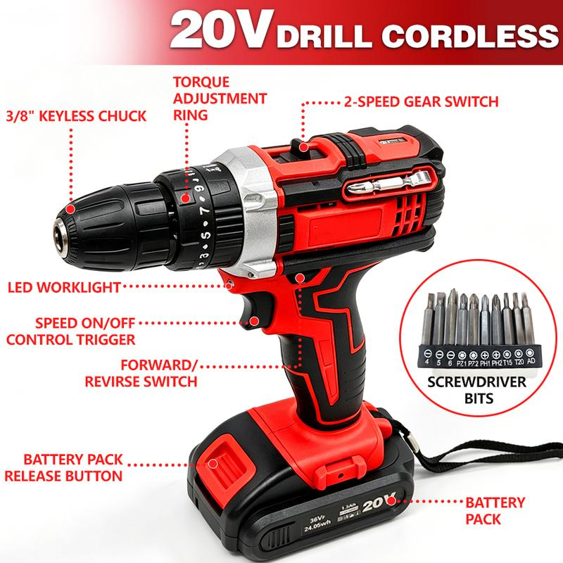 Juego de herramientas de 128 piezas: Kit de herramientas eléctricas con taladro inalámbrico de 21 V y herramientas manuales para bricolaje, ideal para instalación de cercas, decoración de interiores, montaje de muebles y reparaciones cotidianas.