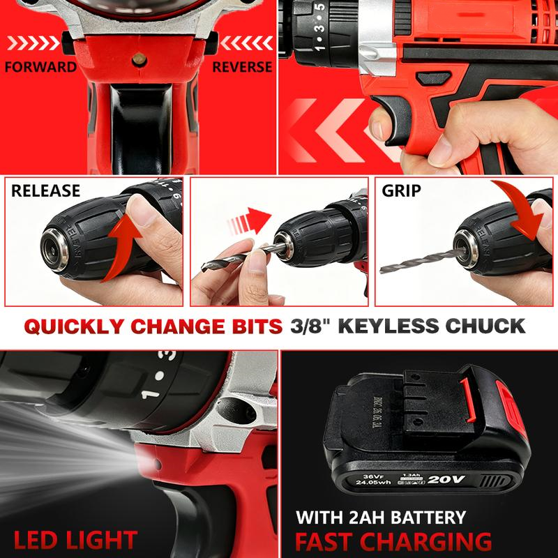 Juego de herramientas de 128 piezas: Kit de herramientas eléctricas con taladro inalámbrico de 21 V y herramientas manuales para bricolaje, ideal para instalación de cercas, decoración de interiores, montaje de muebles y reparaciones cotidianas.