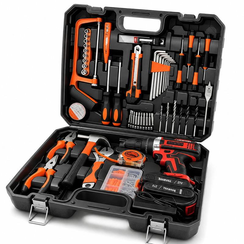 Juego de herramientas de 128 piezas: Kit de herramientas eléctricas con taladro inalámbrico de 21 V y herramientas manuales para bricolaje, ideal para instalación de cercas, decoración de interiores, montaje de muebles y reparaciones cotidianas.