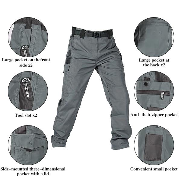 Pantalones tácticos de trabajo para hombre en color liso, confeccionados con un nuevo tejido de 230 g/m²; cuentan con múltiples bolsillos y cierres de cremallera. Son pantalones resistentes ideales para actividades al aire libre y entrenamiento, disponibl