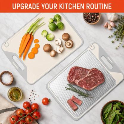 Tabla de cortar de doble cara 2 en 1: acero inoxidable y polipropileno con fibra de trigo, incluye afilador de cuchillos; tabla de cocina duradera y fácil de limpiar para carne, frutas y verduras.