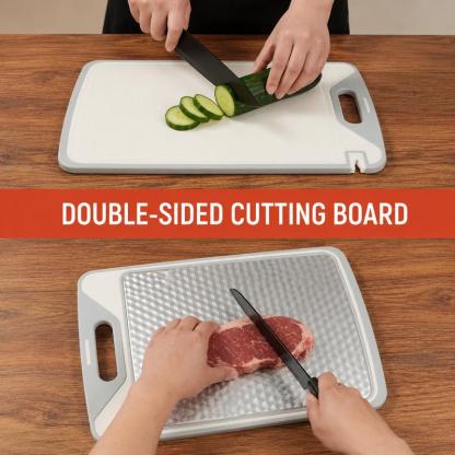 Tabla de cortar de doble cara 2 en 1: acero inoxidable y polipropileno con fibra de trigo, incluye afilador de cuchillos; tabla de cocina duradera y fácil de limpiar para carne, frutas y verduras.