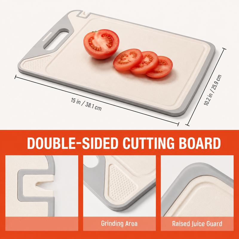 Tabla de cortar de doble cara 2 en 1: acero inoxidable y polipropileno con fibra de trigo, incluye afilador de cuchillos; tabla de cocina duradera y fácil de limpiar para carne, frutas y verduras.