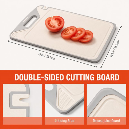 Tabla de cortar de doble cara 2 en 1: acero inoxidable y polipropileno con fibra de trigo, incluye afilador de cuchillos; tabla de cocina duradera y fácil de limpiar para carne, frutas y verduras.
