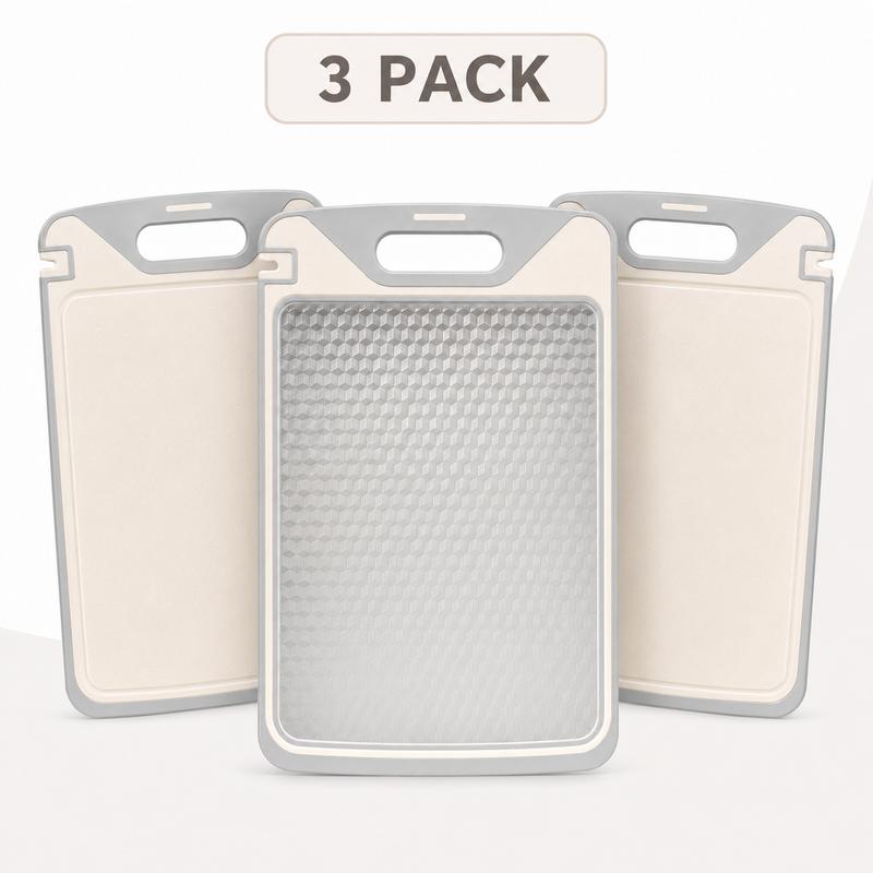 Tabla de cortar de doble cara 2 en 1: acero inoxidable y polipropileno con fibra de trigo, incluye afilador de cuchillos; tabla de cocina duradera y fácil de limpiar para carne, frutas y verduras.