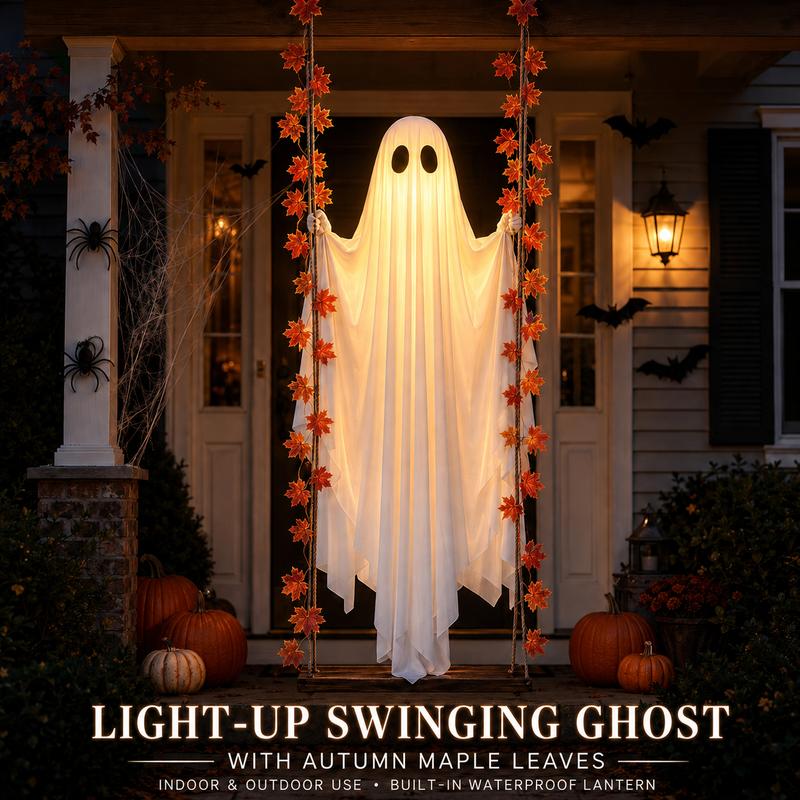 Decoración de Halloween de fantasma colgante con luz LED y guirnalda de hojas de arce; incluye control remoto. Decoración colgante para exteriores (jardín, porche y fiestas).