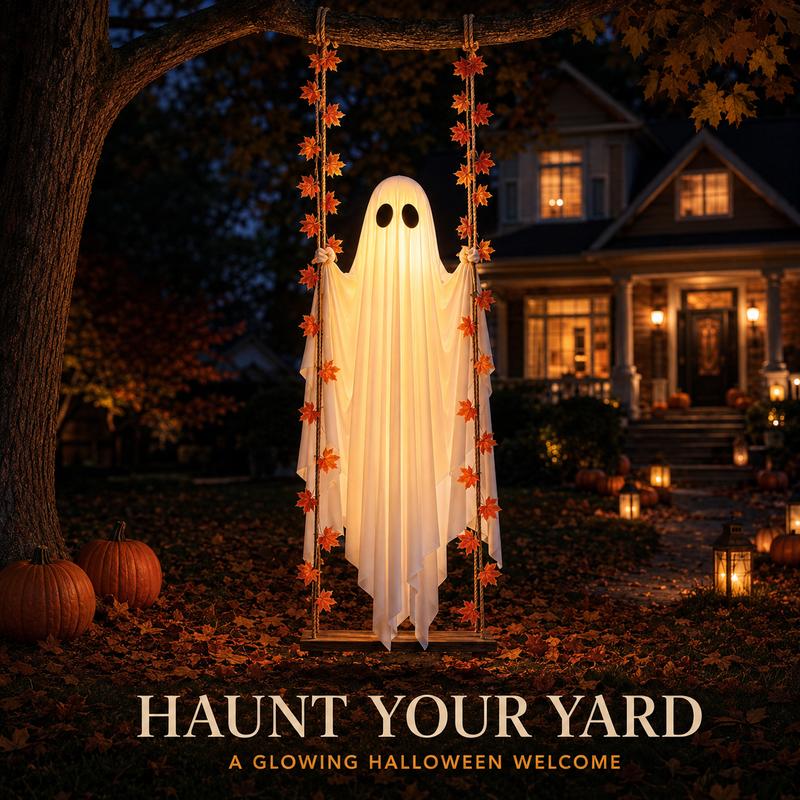 Decoración de Halloween de fantasma colgante con luz LED y guirnalda de hojas de arce; incluye control remoto. Decoración colgante para exteriores (jardín, porche y fiestas).