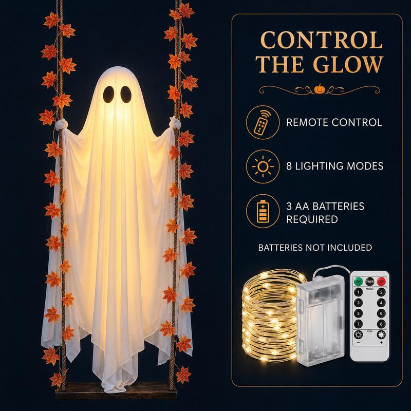 Decoración de Halloween de fantasma colgante con luz LED y guirnalda de hojas de arce; incluye control remoto. Decoración colgante para exteriores (jardín, porche y fiestas).