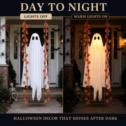 Decoración de Halloween de fantasma colgante con luz LED y guirnalda de hojas de arce; incluye control remoto. Decoración colgante para exteriores (jardín, porche y fiestas).
