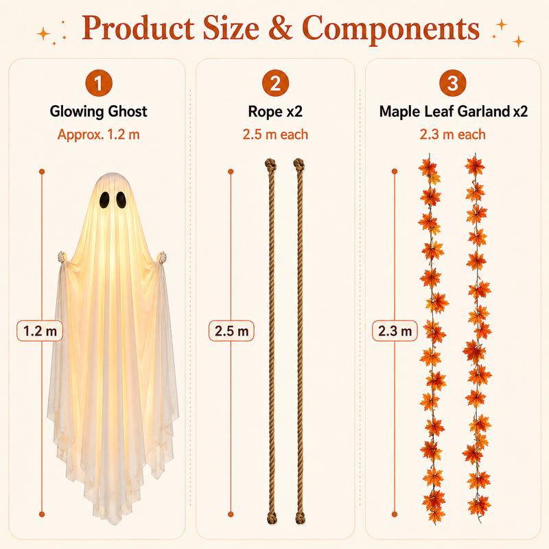 Decoración de Halloween de fantasma colgante con luz LED y guirnalda de hojas de arce; incluye control remoto. Decoración colgante para exteriores (jardín, porche y fiestas).