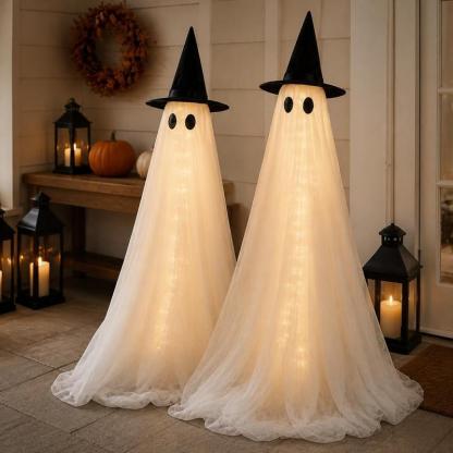 Set de 2 fantasmas luminosos y espeluznantes de 1,5 metros (5 pies) para Halloween; decoración resistente al viento para interiores y exteriores, incluye luces de cadena, bolsas de agua y sombreros; ideal para porches, jardines y fiestas.