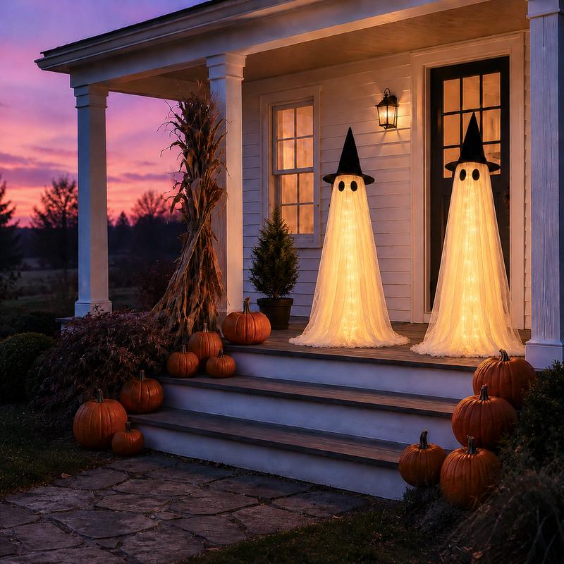 Set de 2 fantasmas luminosos y espeluznantes de 1,5 metros (5 pies) para Halloween; decoración resistente al viento para interiores y exteriores, incluye luces de cadena, bolsas de agua y sombreros; ideal para porches, jardines y fiestas.