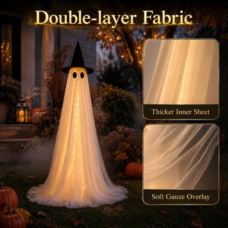 Set de 2 fantasmas luminosos y espeluznantes de 1,5 metros (5 pies) para Halloween; decoración resistente al viento para interiores y exteriores, incluye luces de cadena, bolsas de agua y sombreros; ideal para porches, jardines y fiestas.
