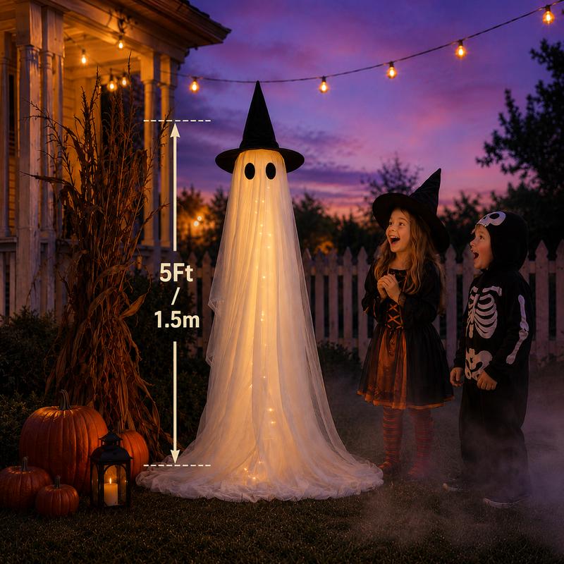 Set de 2 fantasmas luminosos y espeluznantes de 1,5 metros (5 pies) para Halloween; decoración resistente al viento para interiores y exteriores, incluye luces de cadena, bolsas de agua y sombreros; ideal para porches, jardines y fiestas.