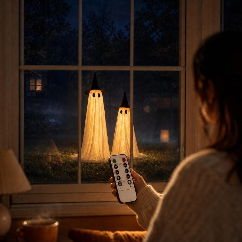 Set de 2 fantasmas luminosos y espeluznantes de 1,5 metros (5 pies) para Halloween; decoración resistente al viento para interiores y exteriores, incluye luces de cadena, bolsas de agua y sombreros; ideal para porches, jardines y fiestas.