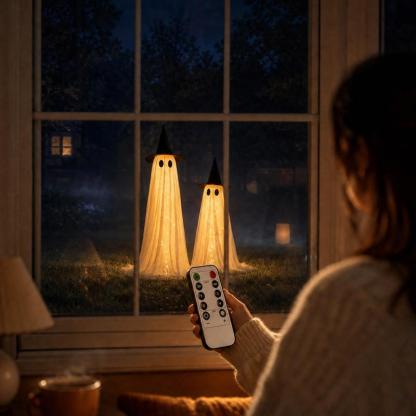 Set de 2 fantasmas luminosos y espeluznantes de 1,5 metros (5 pies) para Halloween; decoración resistente al viento para interiores y exteriores, incluye luces de cadena, bolsas de agua y sombreros; ideal para porches, jardines y fiestas.